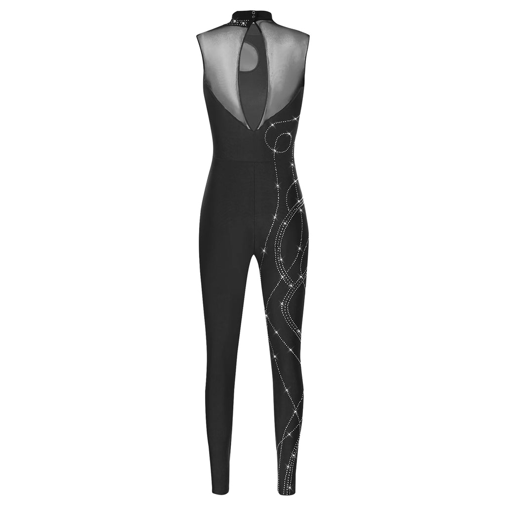 Rhinestone Full-Body Leotard | Sleeveless | Keyhole Back | Mesh