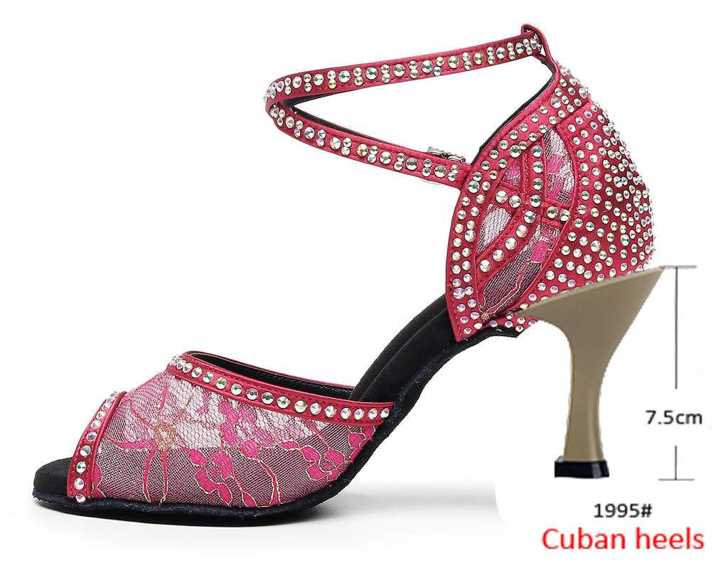 Rhinestone Lace Mesh Latin Dance Heels | Red & Green | 6–10cm