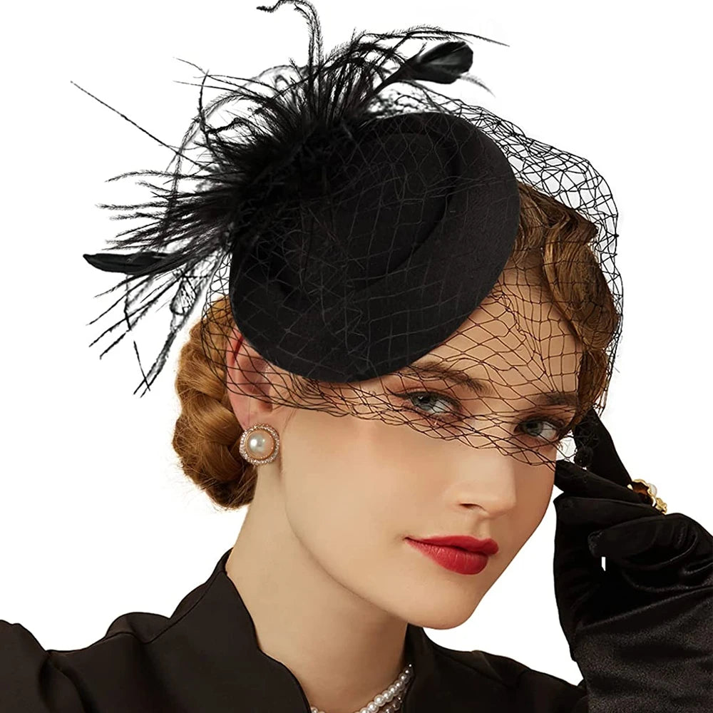 Pillbox Fascinator Hat | Fishnet Veil & Feather | 11 Colors