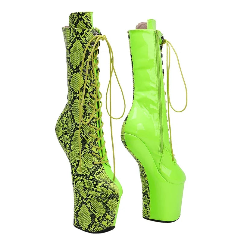 Green Snake Print Heelless Platform Boots - Exotic Pole Dance Shoes