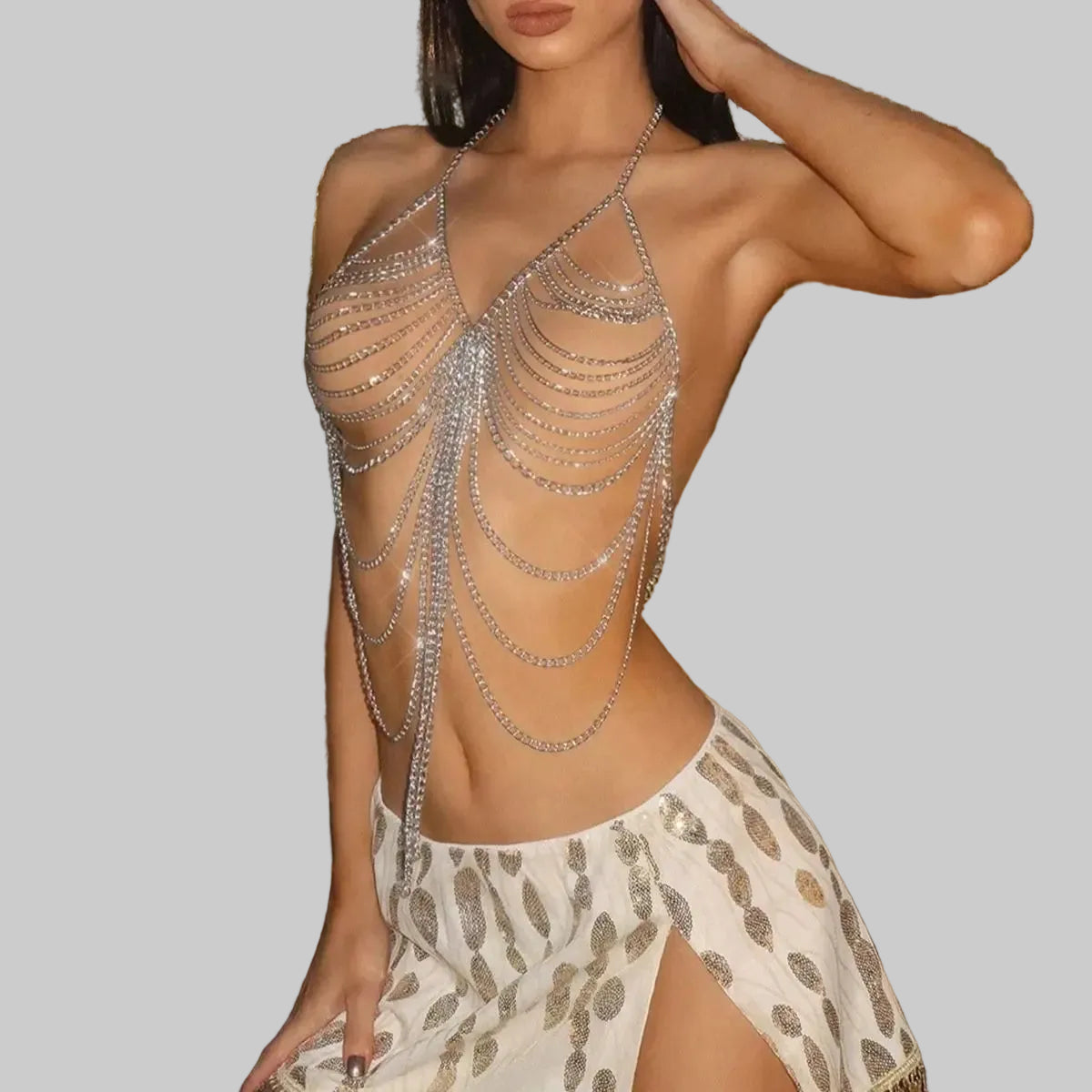 Metal Chain Tassel Body Chain Top - Backless Halter Sequin Tank