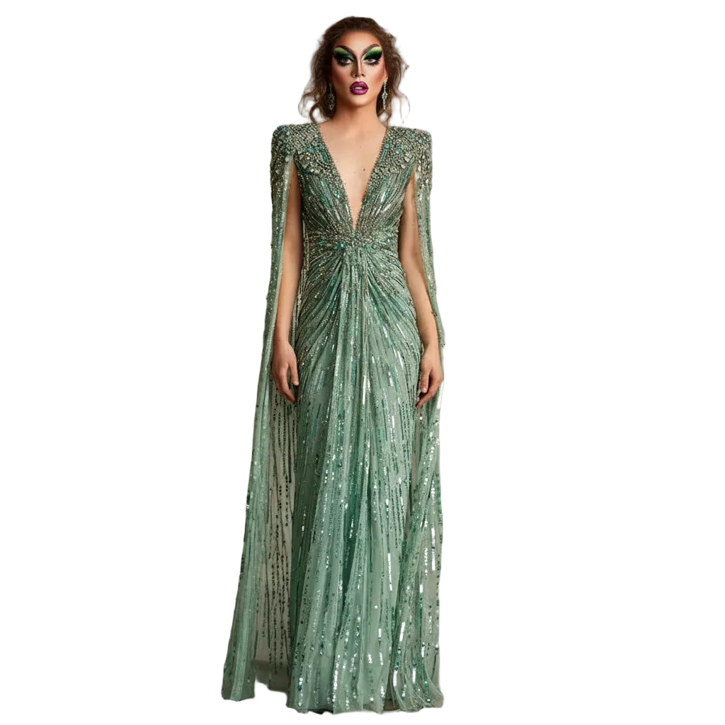 Crystal Cape Pageant Gown | Beaded | Floor-Length