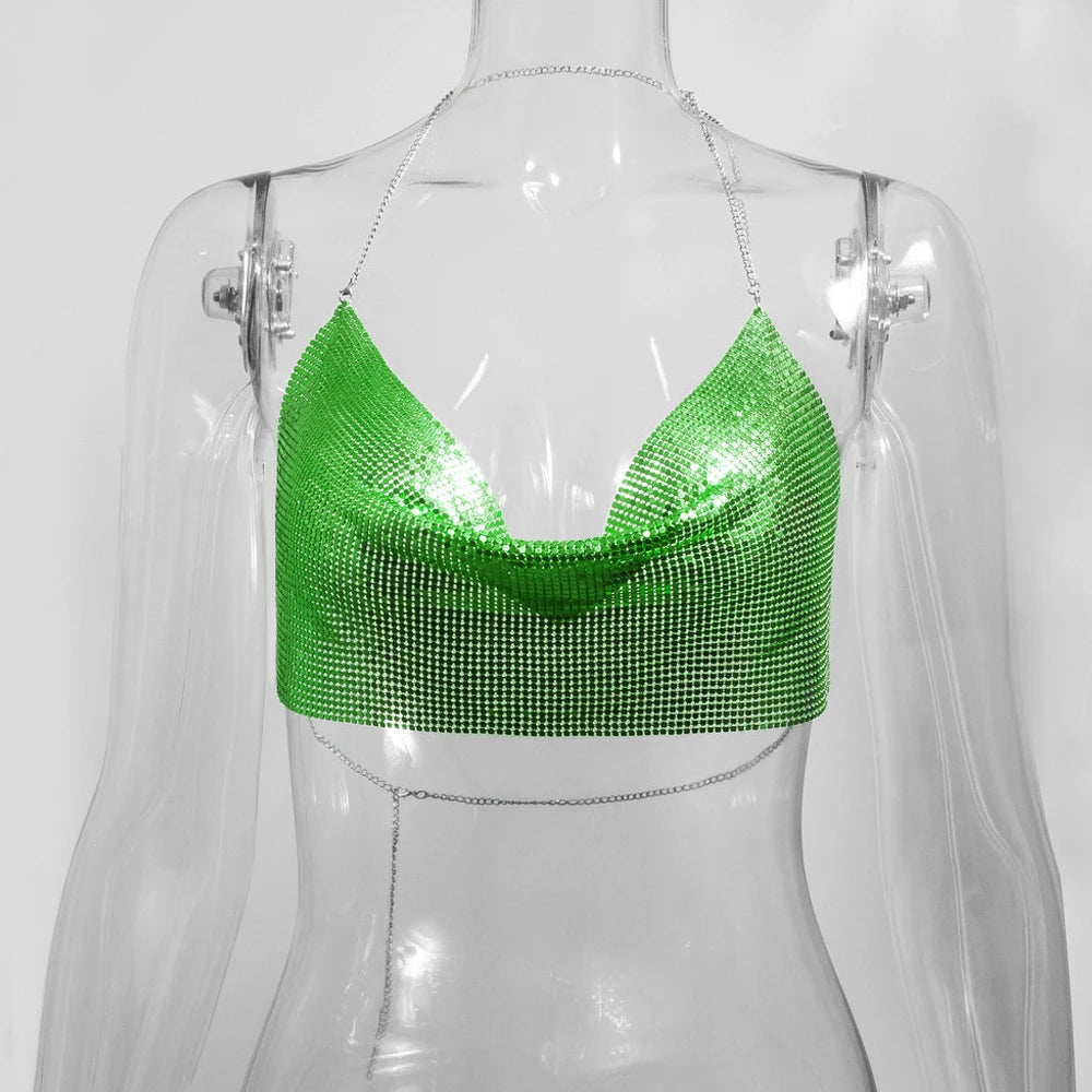 Metallic Glitter Halter Crop Top - Backless Corset Tank