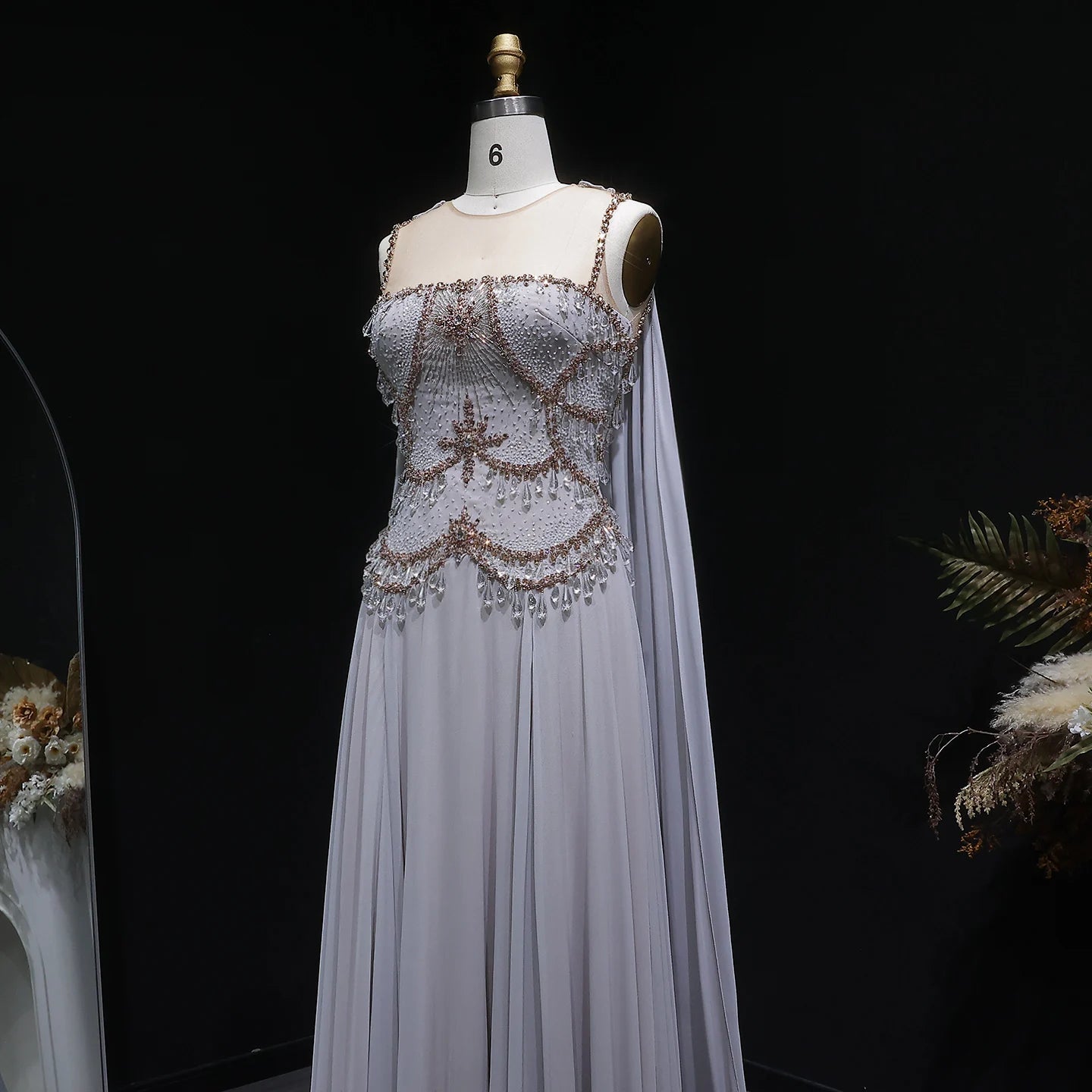 Crystal Beaded Cape Gown | A-Line | Floor-Length