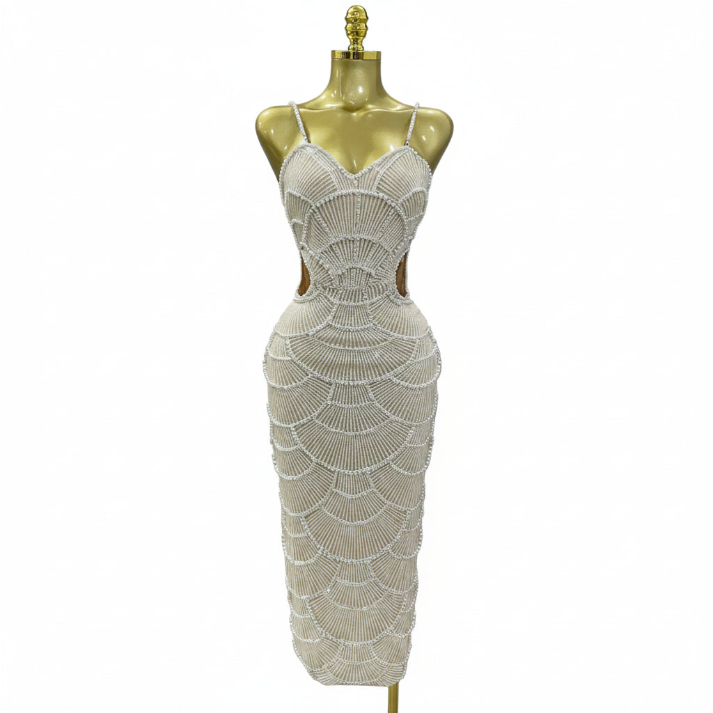 Pearl Beaded Sequin Bodycon Dress | Spaghetti Strap | Stage
