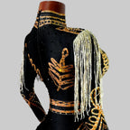 Luxe Black & Gold Diamond Embellished Fringe Bodysuit – Stage Performance Edition