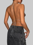 Metallic Sequin Halter Crop Top - Backless Chain Detail