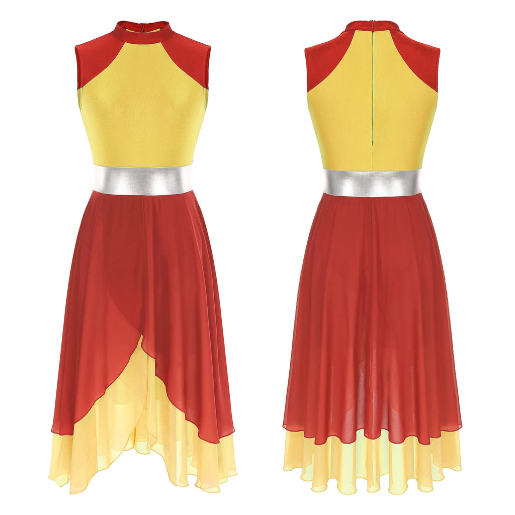 Color Block Lyrical Dance Dress | Mock Neck | Asymmetric Hem