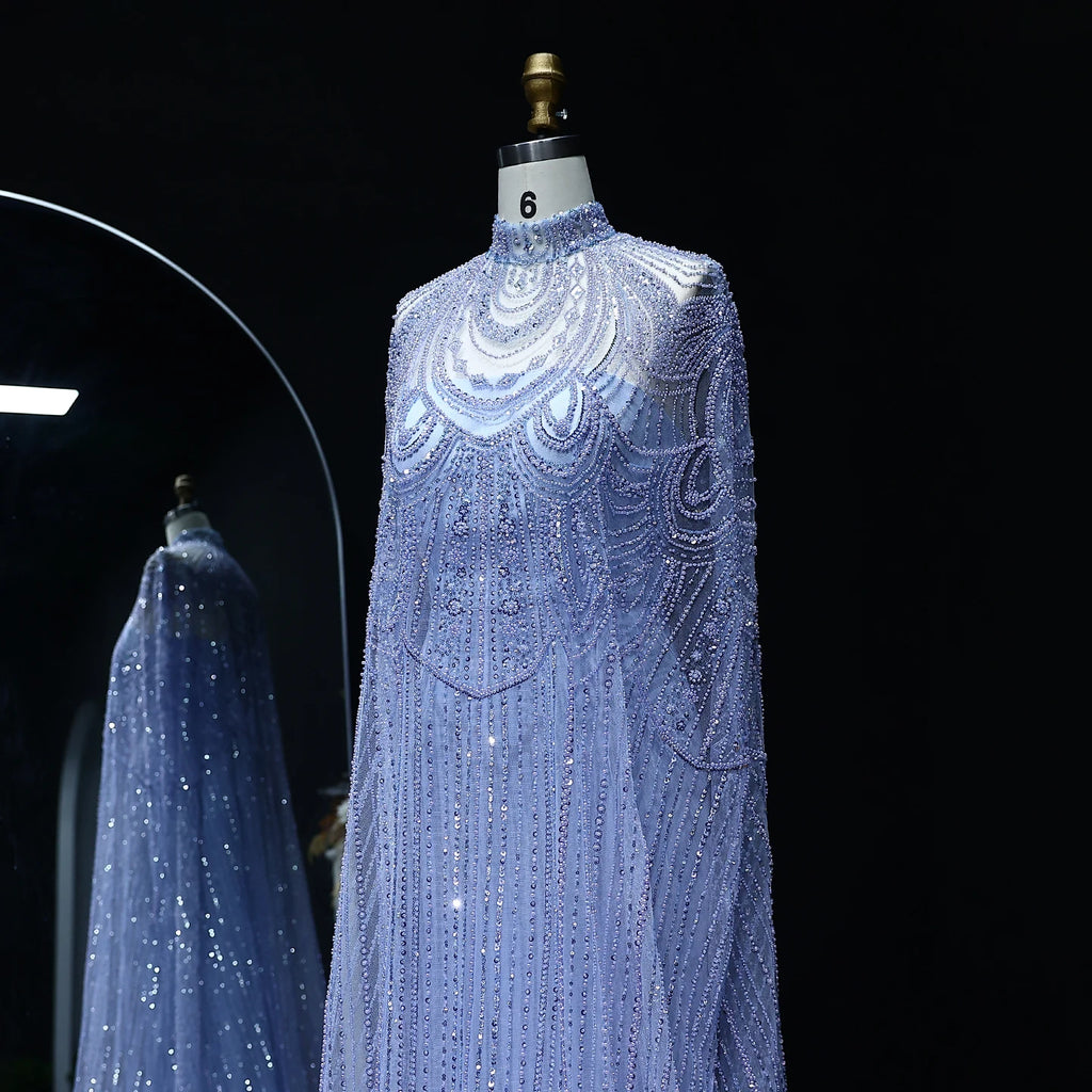 Crystal Kaftan Cape Gown | Beaded Tulle | 7 Colors