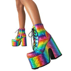 Rainbow Platform Boots - Colorful Gradient Lace-Up Ankle Boots