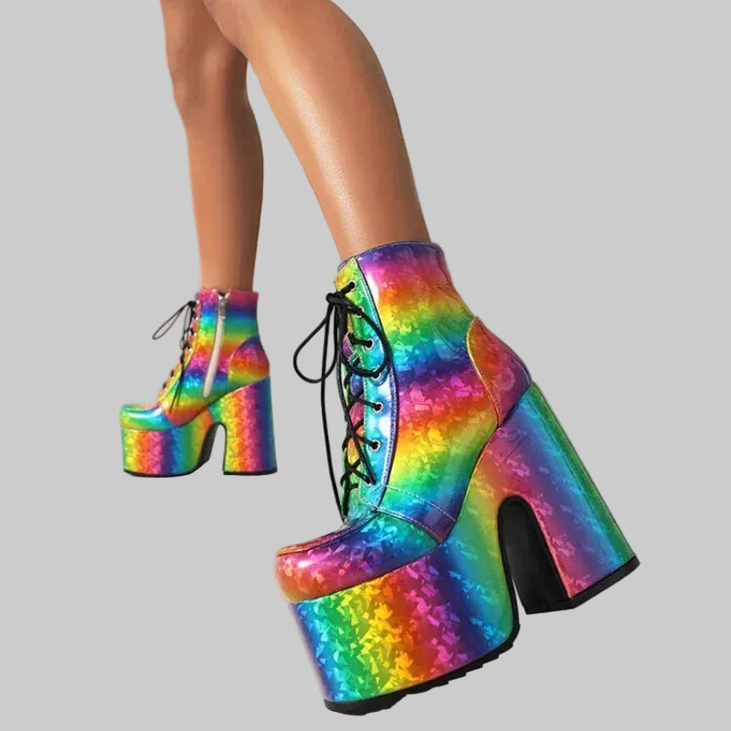 Rainbow Platform Boots - Colorful Gradient Lace-Up Ankle Boots