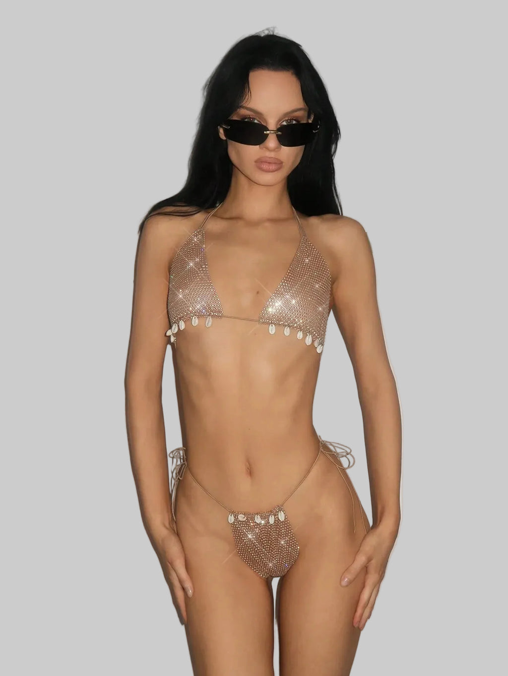 Rhinestone Shell Mesh Bikini Set