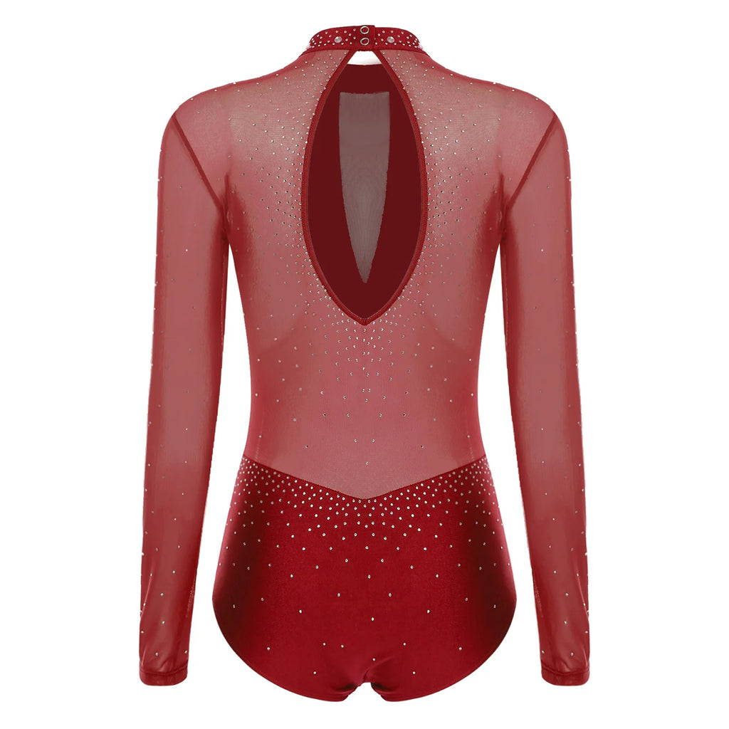 Rhinestone Mesh Long Sleeve Leotard | Open Back | Mock Neck | Figure Skating Ballet
