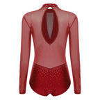 Rhinestone Mesh Long Sleeve Leotard | Open Back | Mock Neck | Figure Skating Ballet