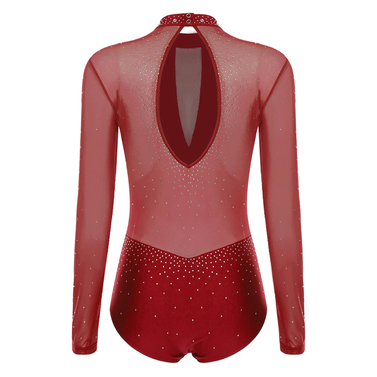 Rhinestone Mesh Long Sleeve Leotard | Open Back | Mock Neck | Figure Skating Ballet