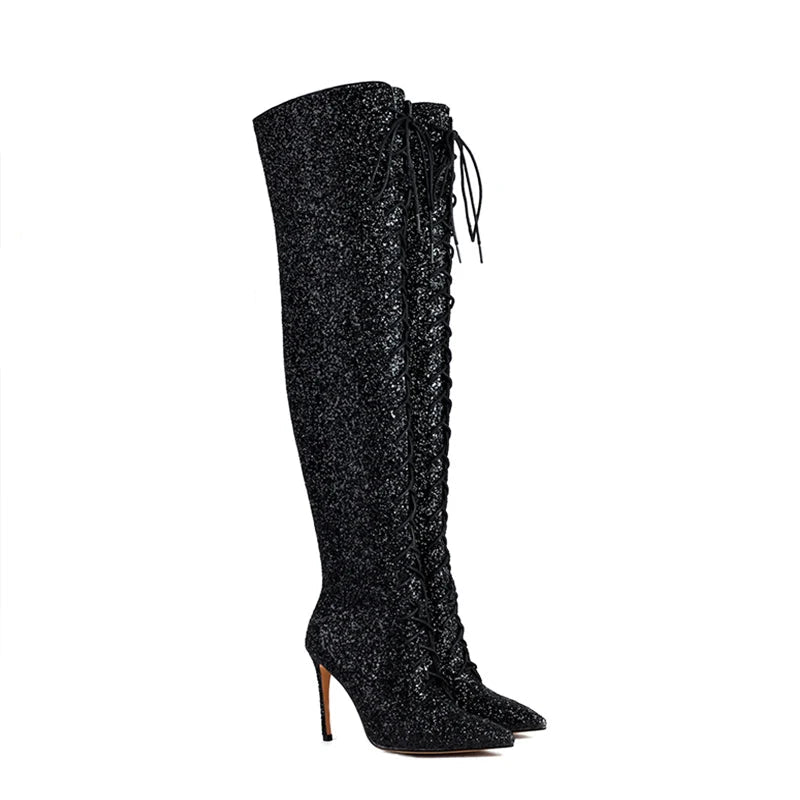 Sequin Over-the-Knee Boots | Lace-Up | 10cm Heel