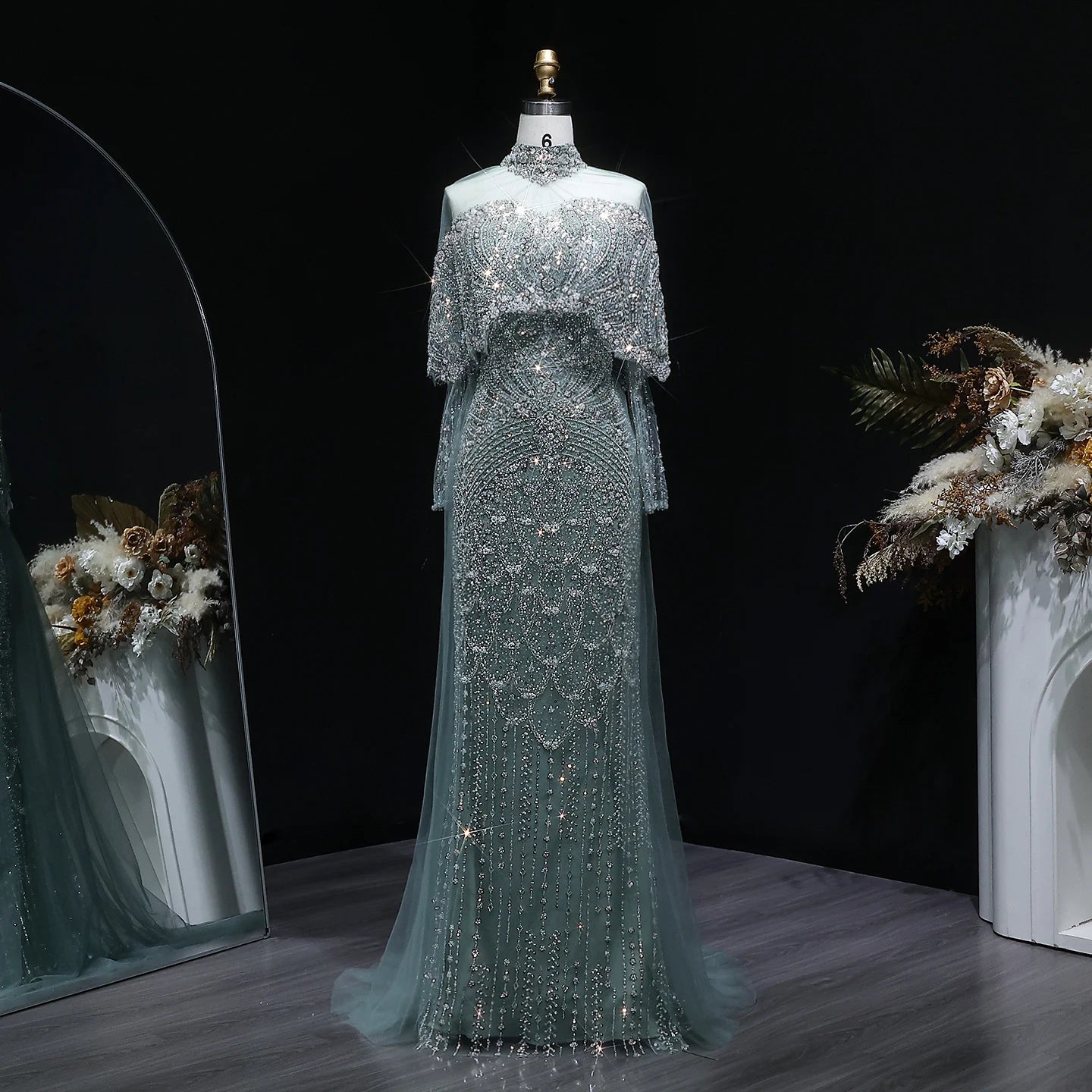 Beaded Cape Sleeve Pageant Gown | Detachable Overskirt | 4 Colors