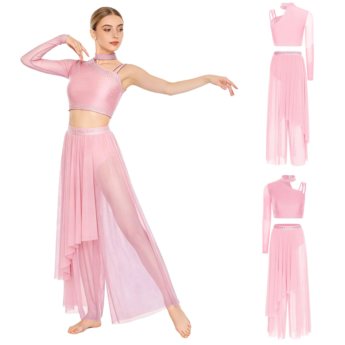 Rhinestone Crop Top & Sheer Pants Set | Lyrical Dance | Built-In Brief