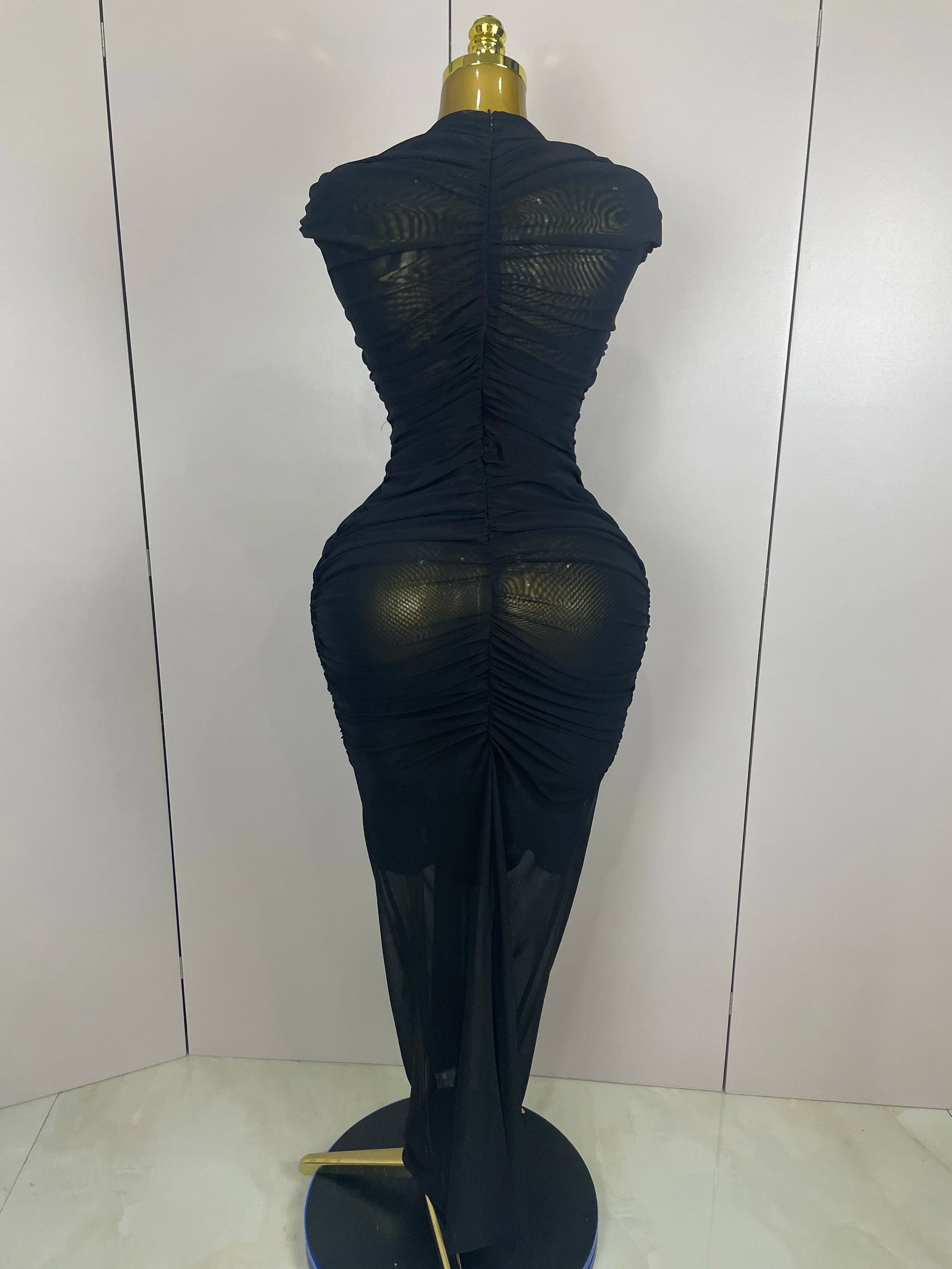Mesh Bodycon Maxi Dress | O-Neck | High Slit | Stage