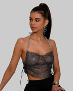 Rhinestone Halter Crop Top - Backless Sheer Hollow-Out Camisole
