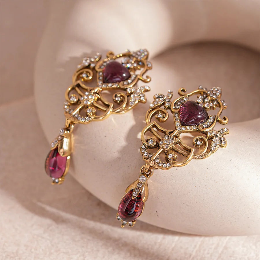 Antique Gold Filigree Drop Earrings | Ruby Crystal
