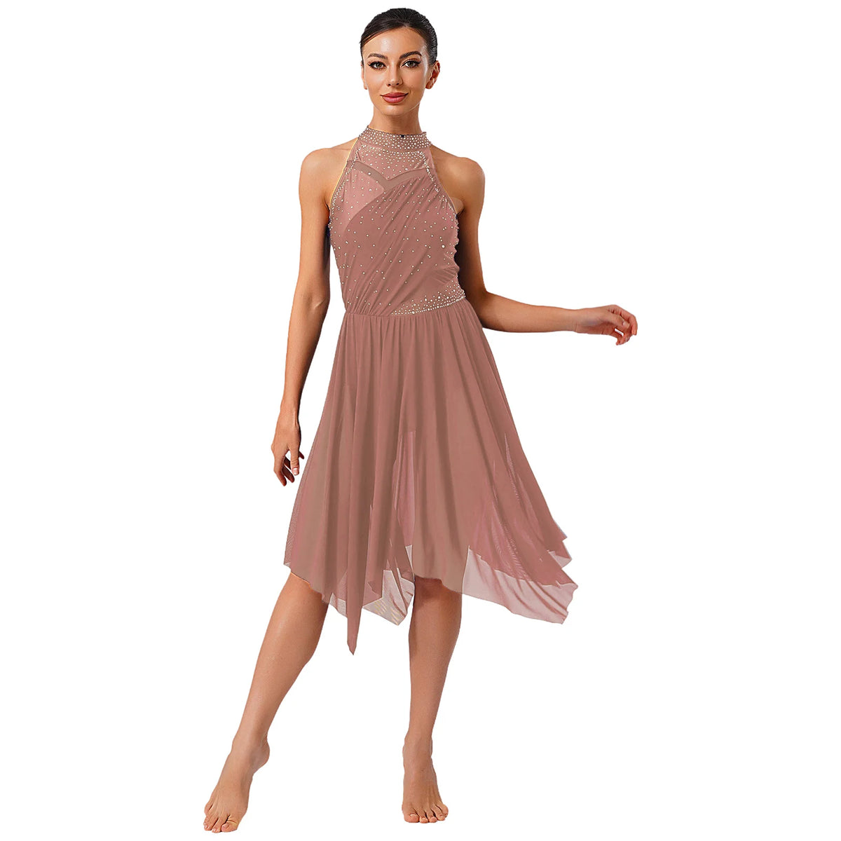 Women's Rhinestone Halter Lyrical Dance Dress | Irregular Mesh Ruffle Hem | Competition & Performance