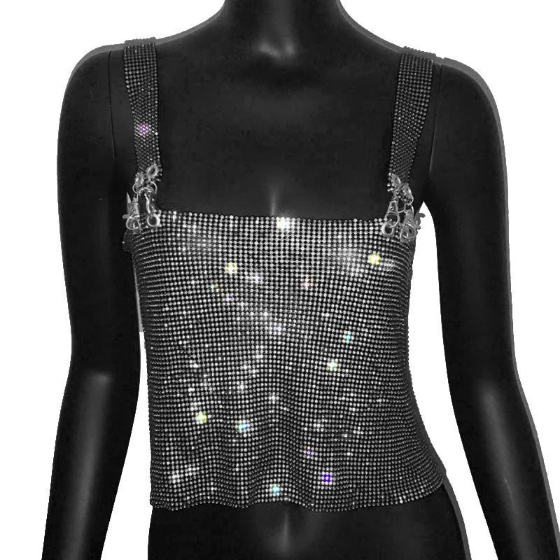 Rhinestone Metal Clip Camisole - Low Cut Backless Crop Top
