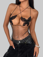 Butterfly Rhinestone Mesh Crop Top with Hollow Cutouts