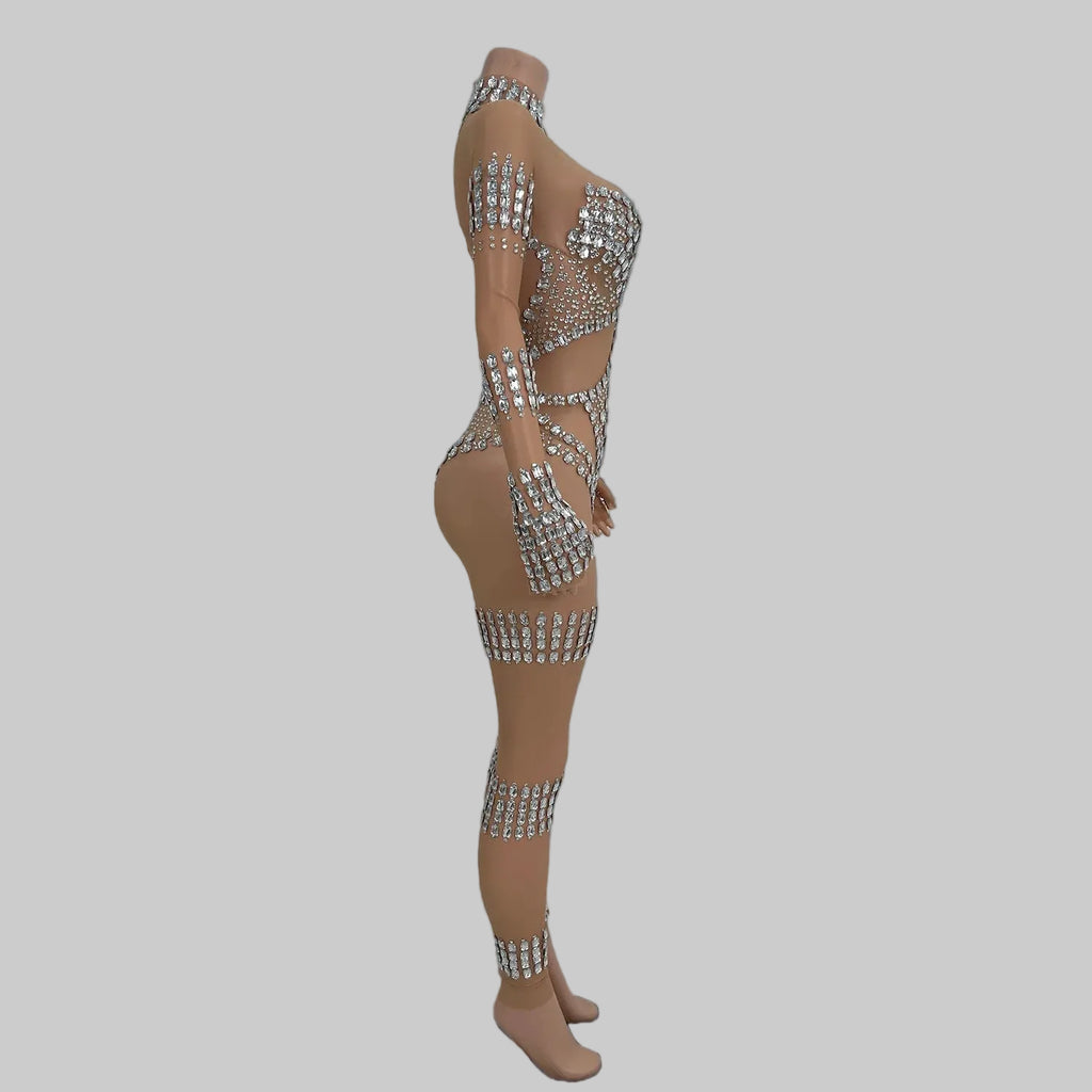 Crystal Rhinestone Mesh Jumpsuit - Sheer Performance Catsuit for Stage & Dance