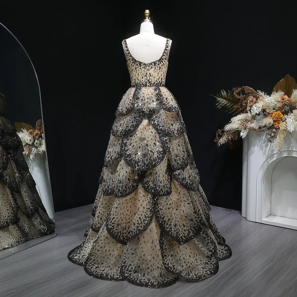 Tiered Ruffle Ball Gown | Sequin Lace Trim | Black Champagne