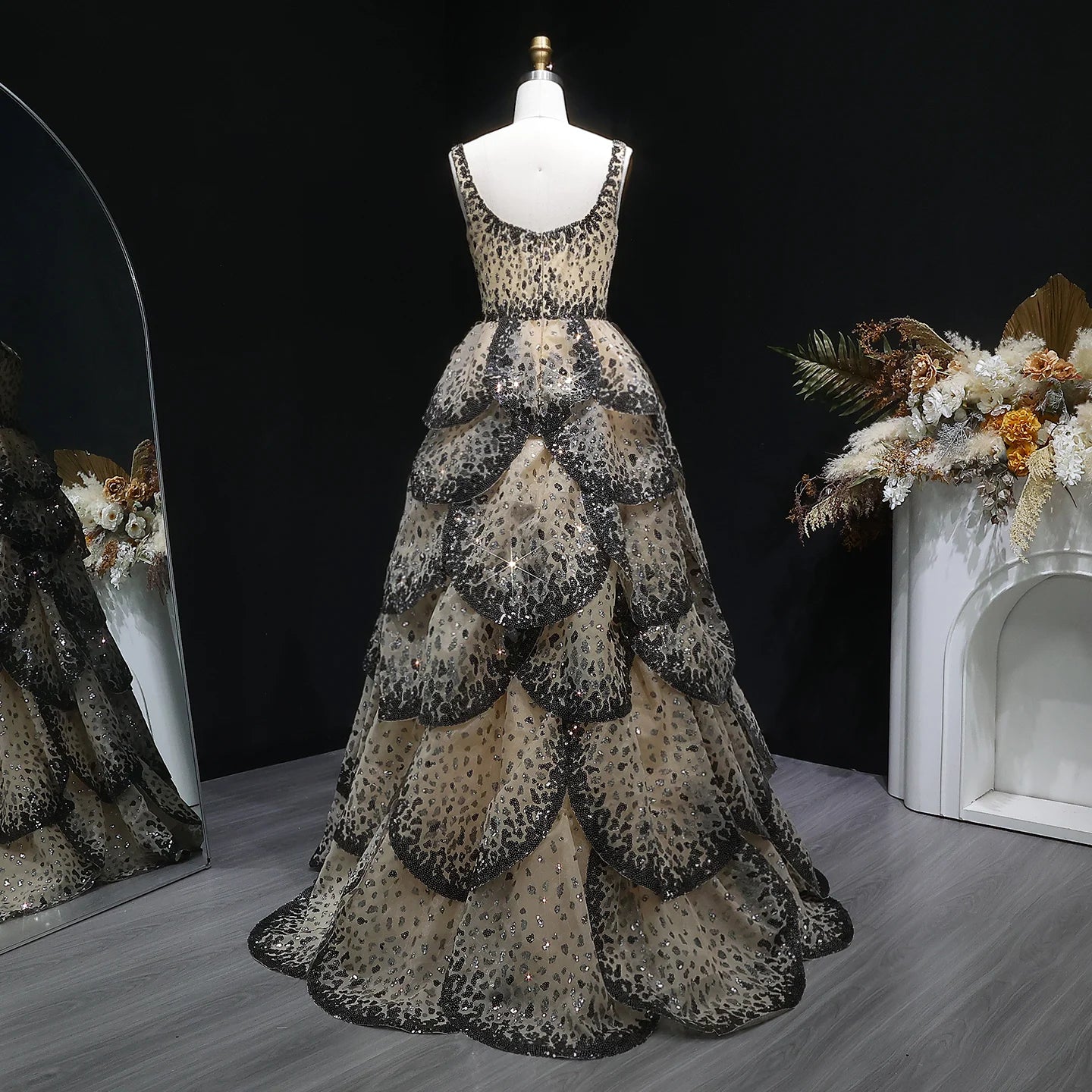 Tiered Ruffle Ball Gown | Sequin Lace Trim | Black Champagne