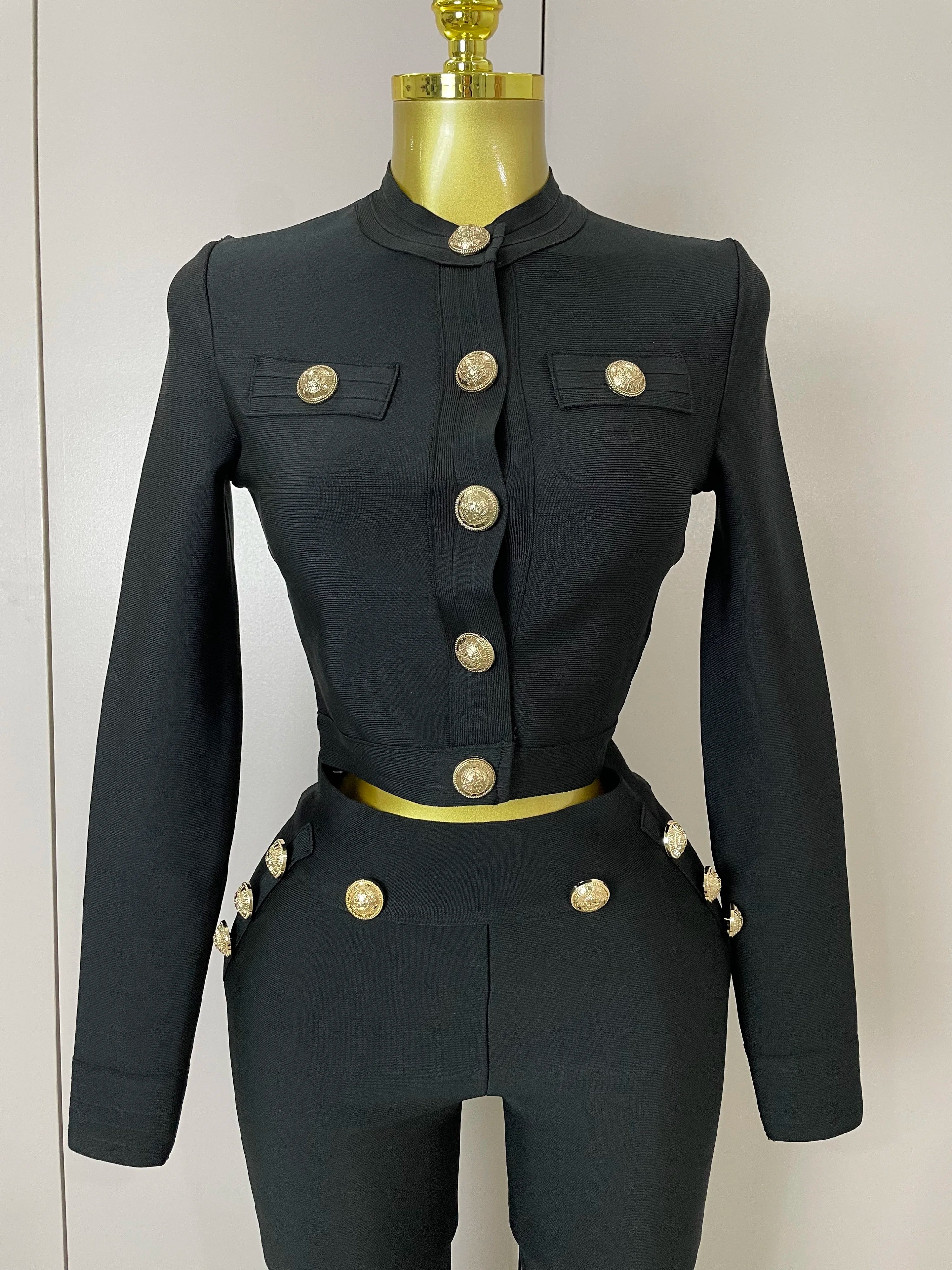Golden Button Coat & Flare Pants | 2-Piece Stage Set