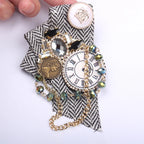 Steampunk Clock Brooch | Rhinestone & Chain | Lapel Pin