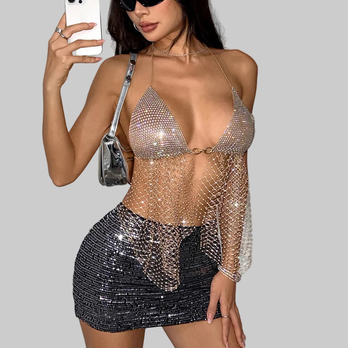 Rhinestone Mesh Tassel Halter Crop Top - Deep V Fishnet Camisole