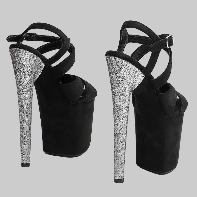 20CM Suede Glitter Platform Sandals - 8 Inch High Heel Pole Dance Shoes