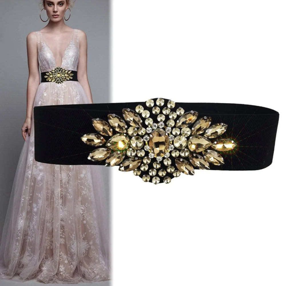 Crystal Flower Wide Elastic Belt | Stage & Dressy