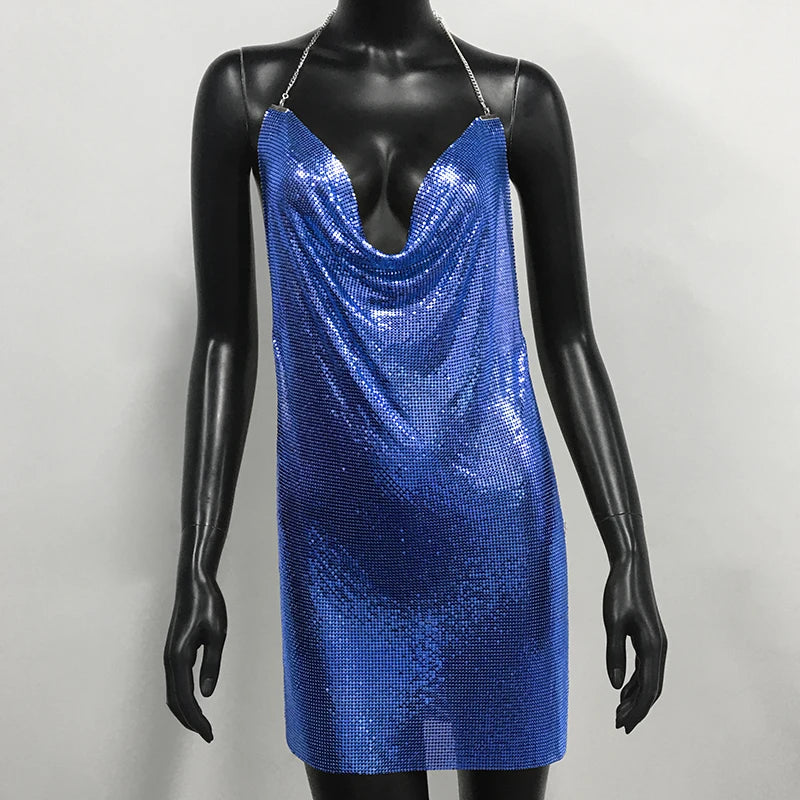 Metal Sequin Halter Mini Dress - Bodycon Party Dress