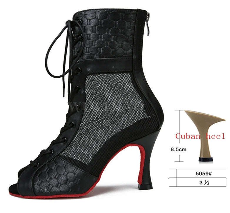 Mesh Lace-Up Latin Dance Ankle Boot | Cuban Heel | 7.5–9cm | Black