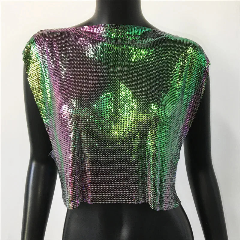Metallic Sequin Patchwork Crop Top - Hollow-Out O-Neck
