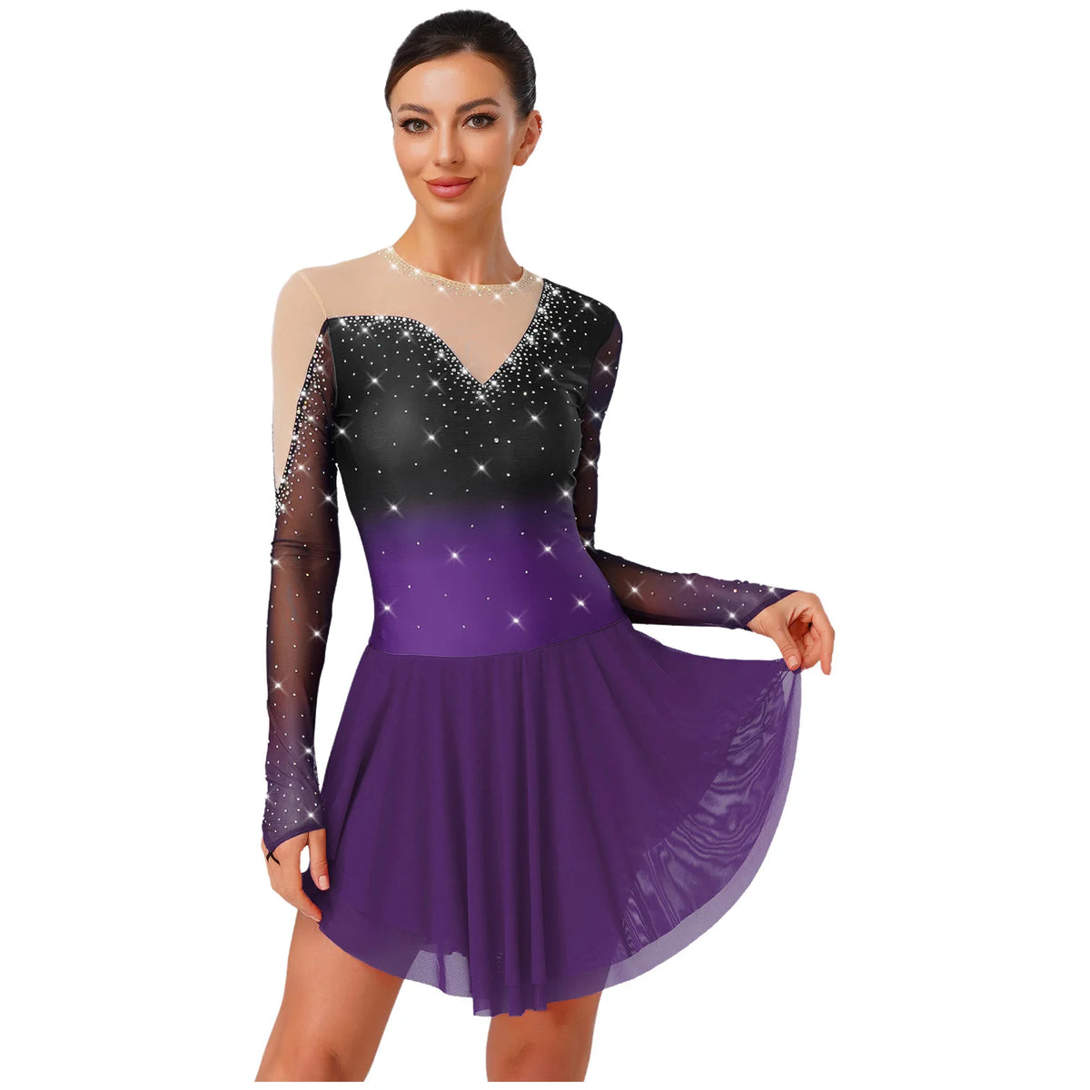 Rhinestone Mesh Skating Dress | Gradient | Built-In Brief