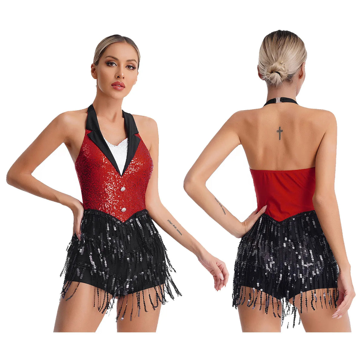 Midnight Fringe Rhinestone Latin Leotard