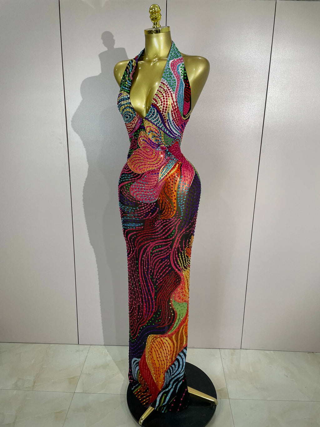 Colorful Rhinestone Halter Maxi Dress | Deep V | Backless