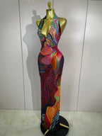 Colorful Rhinestone Halter Maxi Dress | Deep V | Backless