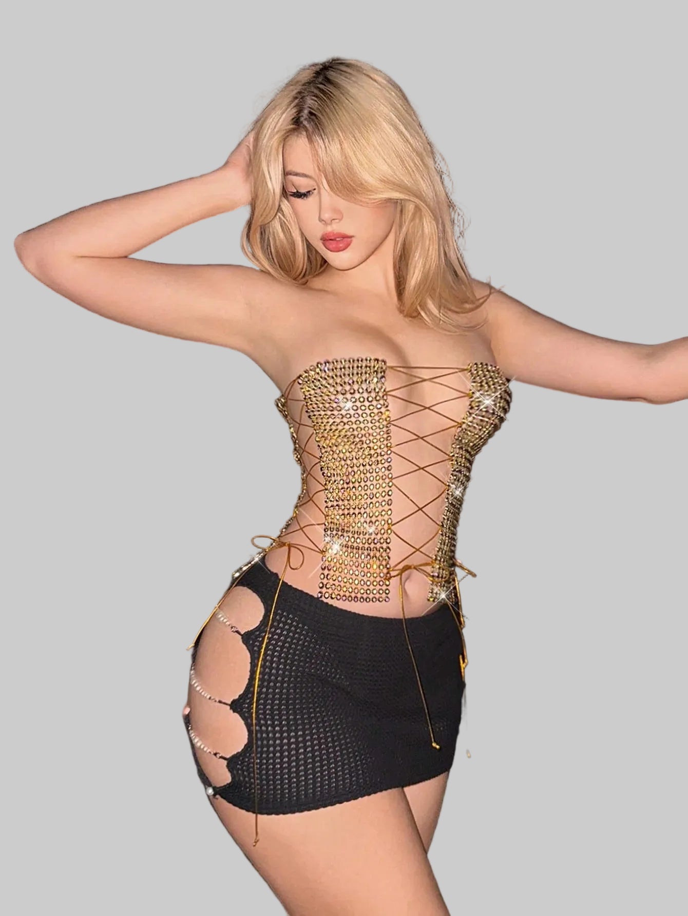 Rhinestone Hollow Out Bandage Tank Top