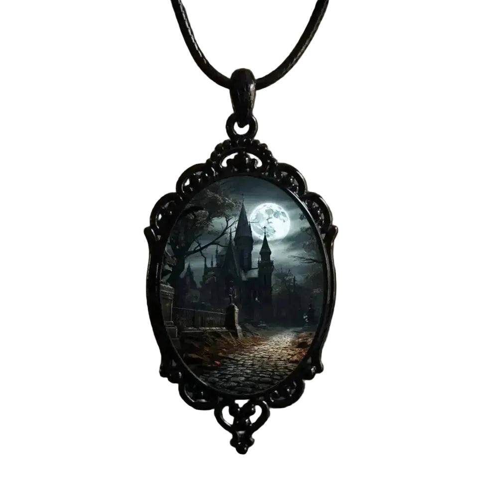 Gothic Castle Cameo Necklace | Crow & Bat | Rope Chain