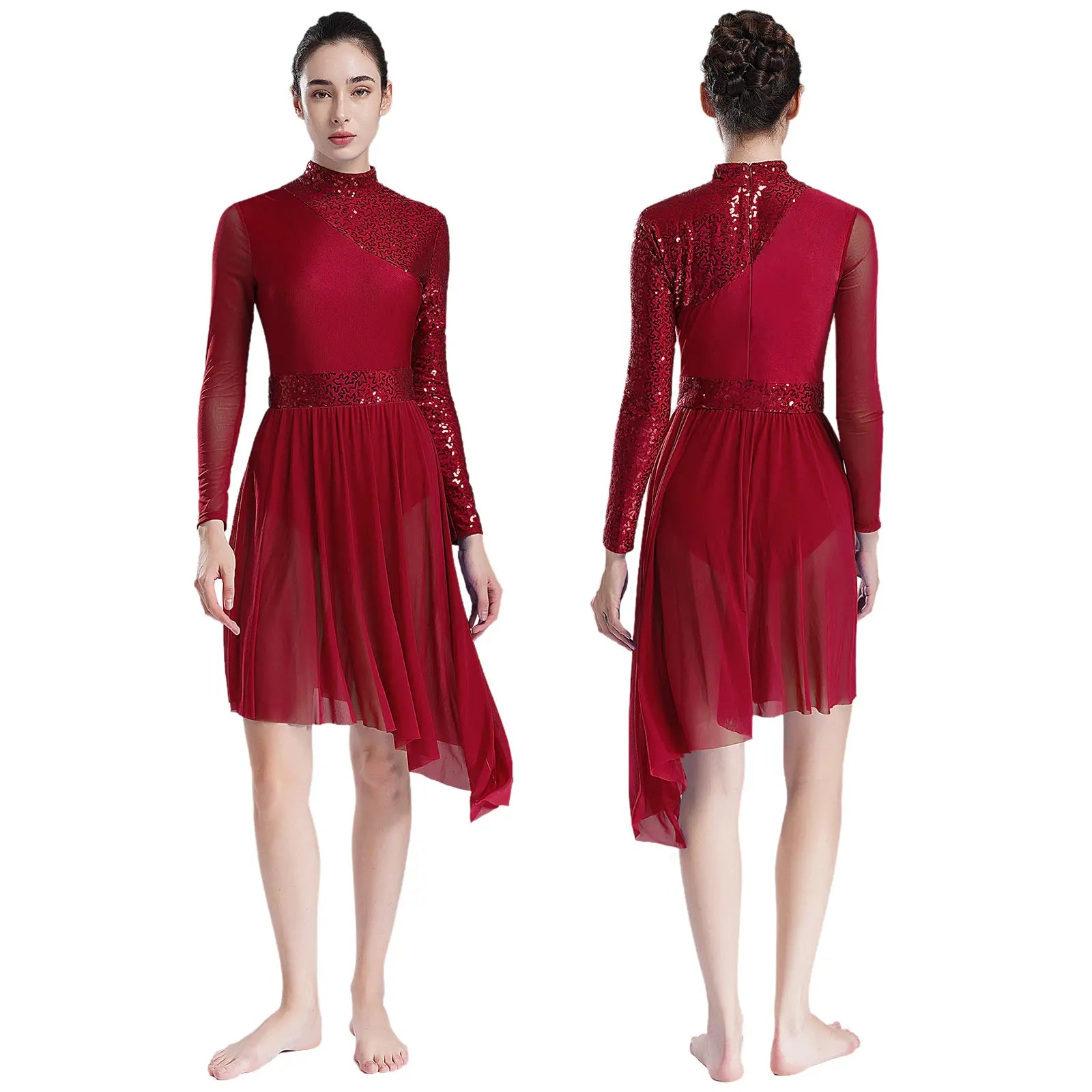 Women's Sequin Lyrical Dance Dress | Long Sleeve | Mesh Skirt