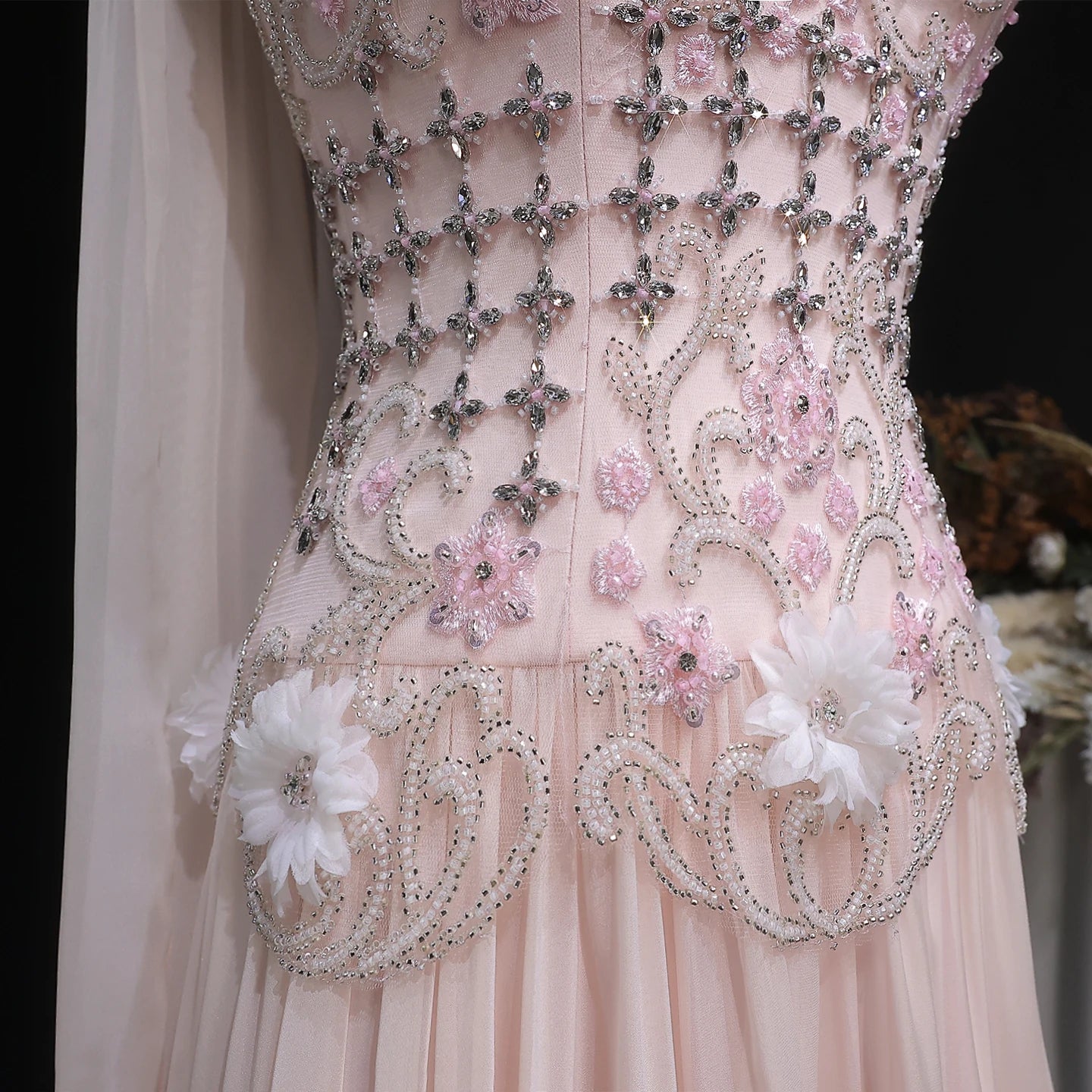 3D Floral One-Shoulder A-Line Pageant Gown | Crystal Beaded | White & Blush Pink
