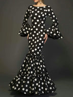 Elegant Party Long Dress Women Polka Dot Printed Ruffle Hem Sundress 2025 Bohemian Casual O-neck Flare Sleeve Slim Maxi Robe