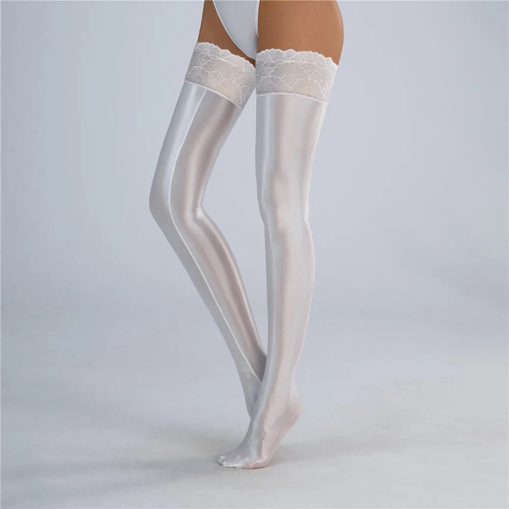 Glossy Satin Over-the-Knee Stockings | Shiny Thigh-High | One Size