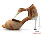Glitter T-Strap Latin Dance Sandals | Thin Heel | 6–10cm | Nude